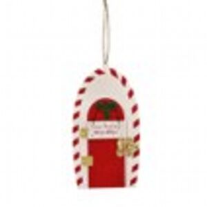14cm hanging red/white wooden SANTAS WORKSHOP door