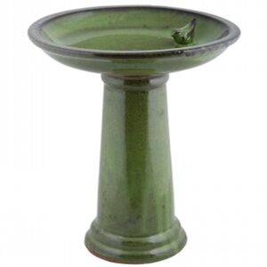 Ceramic Bird Bath On Pedestal Green